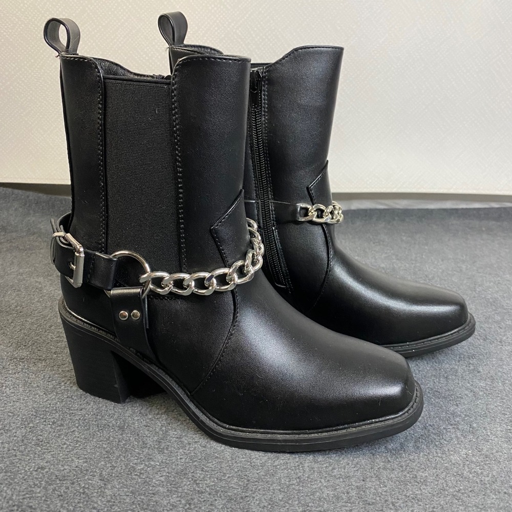 Pazzle Chain Accent Ankle Boots Women's Black Block Heel Square Toe Sz 7.5 NWOT